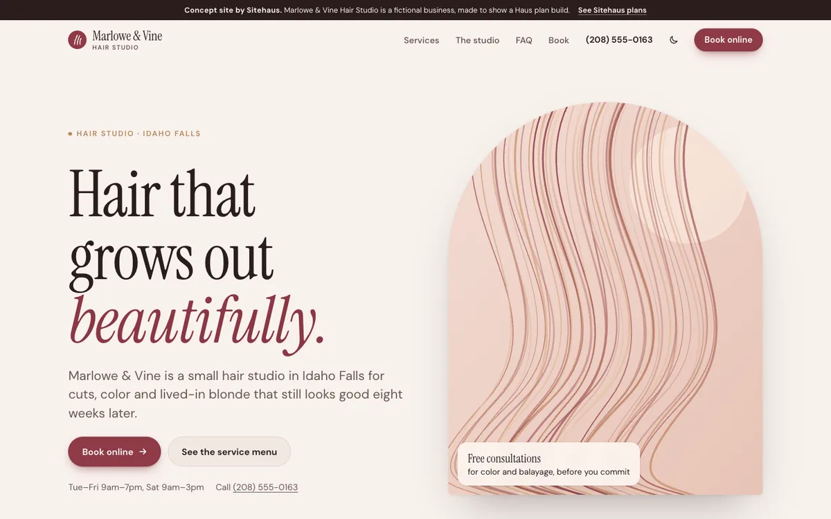 Marlowe & Vine Hair Studio concept site on a laptop