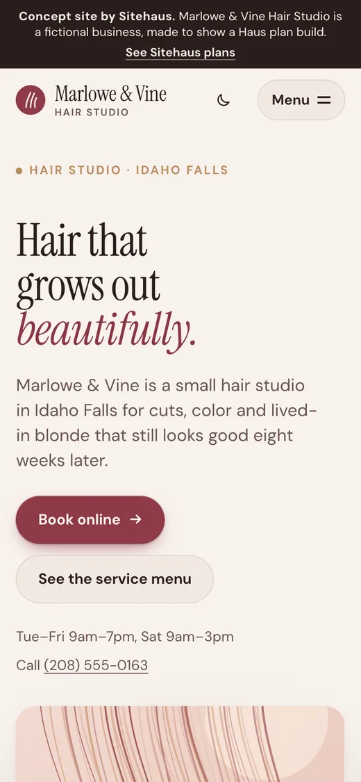 Marlowe & Vine Hair Studio concept site on a phone